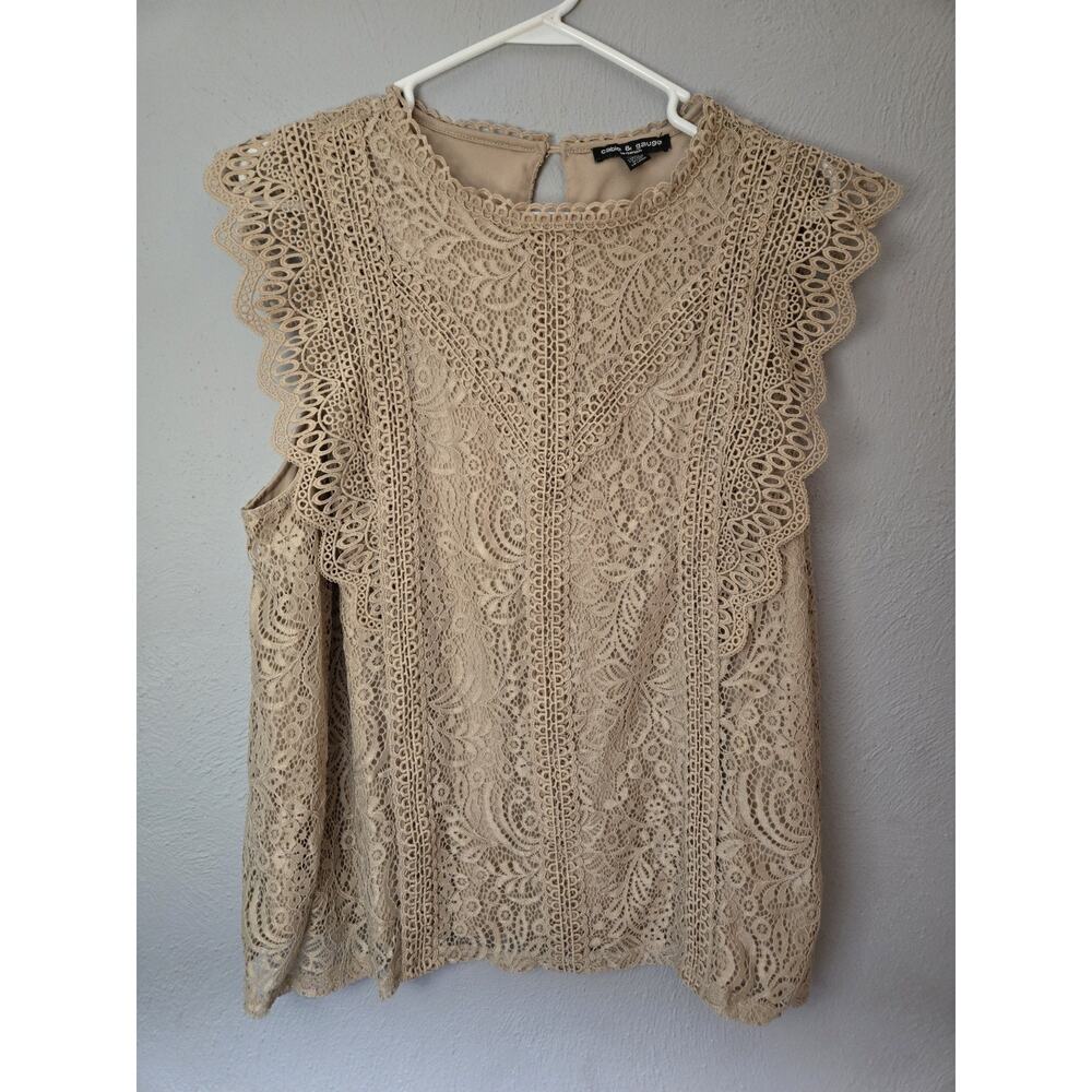 Cable And Gauge Women's Size 1X Sleeveless Lace Top Beige